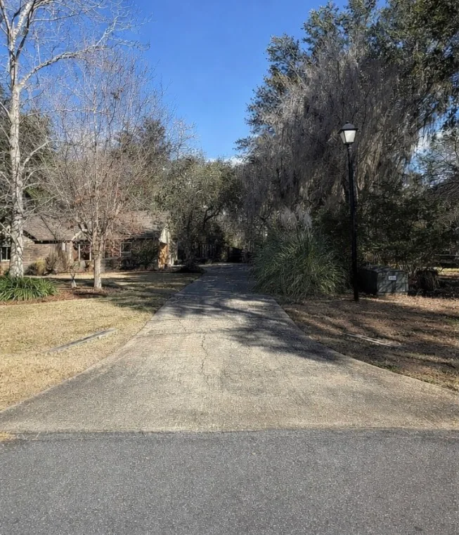 Before: residential driveway cleaning on a long concrete driveway